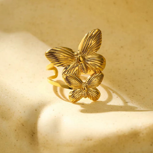 18K Gold Plated Two Butterfly Titanium Steel Rings