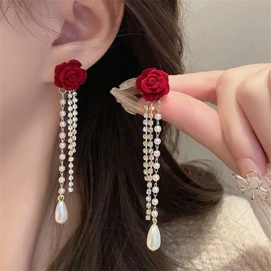 Wine Red Flocking Bow Pearl Tassel Earrings