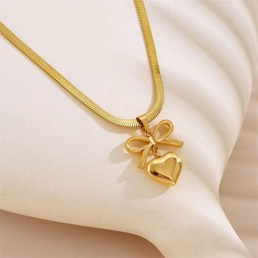 18k Gold Plated Heart Ribbon Anti Tarnish Necklace