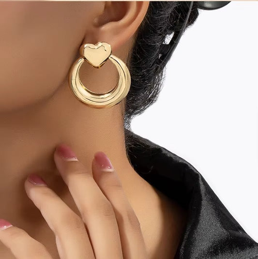 18k Gold Plated  Love Heart Big Circle Hoop Drop Earring