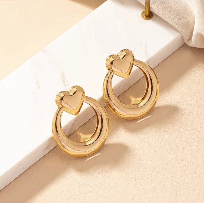 18k Gold Plated  Love Heart Big Circle Hoop Drop Earring