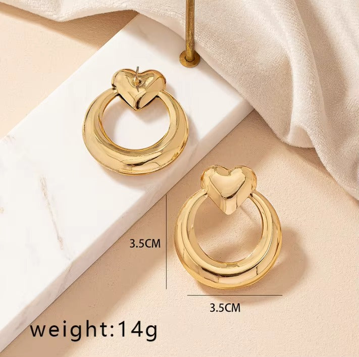 18k Gold Plated  Love Heart Big Circle Hoop Drop Earring