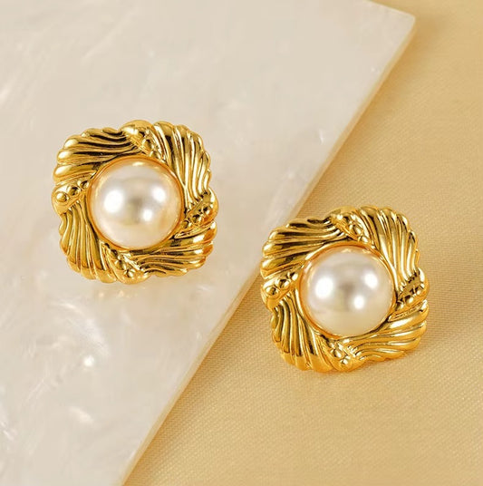 Stainless Steel Texture Square Chunky Pearl Stud Earrings