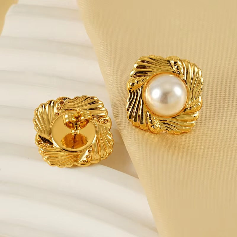Stainless Steel Texture Square Chunky Pearl Stud Earrings