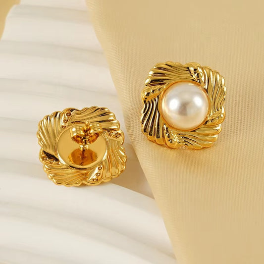 Stainless Steel Texture Square Chunky Pearl Stud Earrings