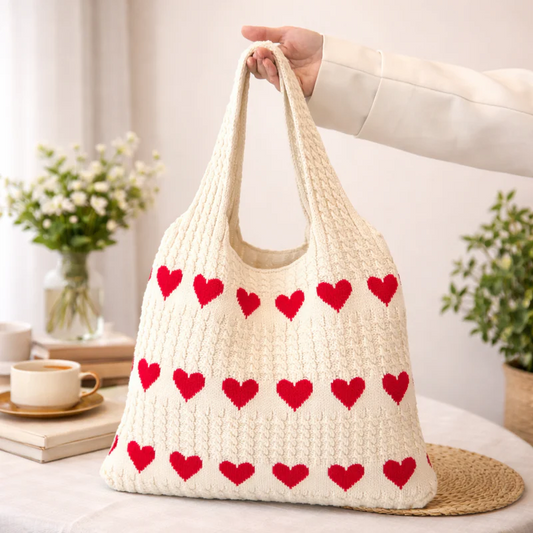 Cotton Knitted Heart Pattern Tote Bag