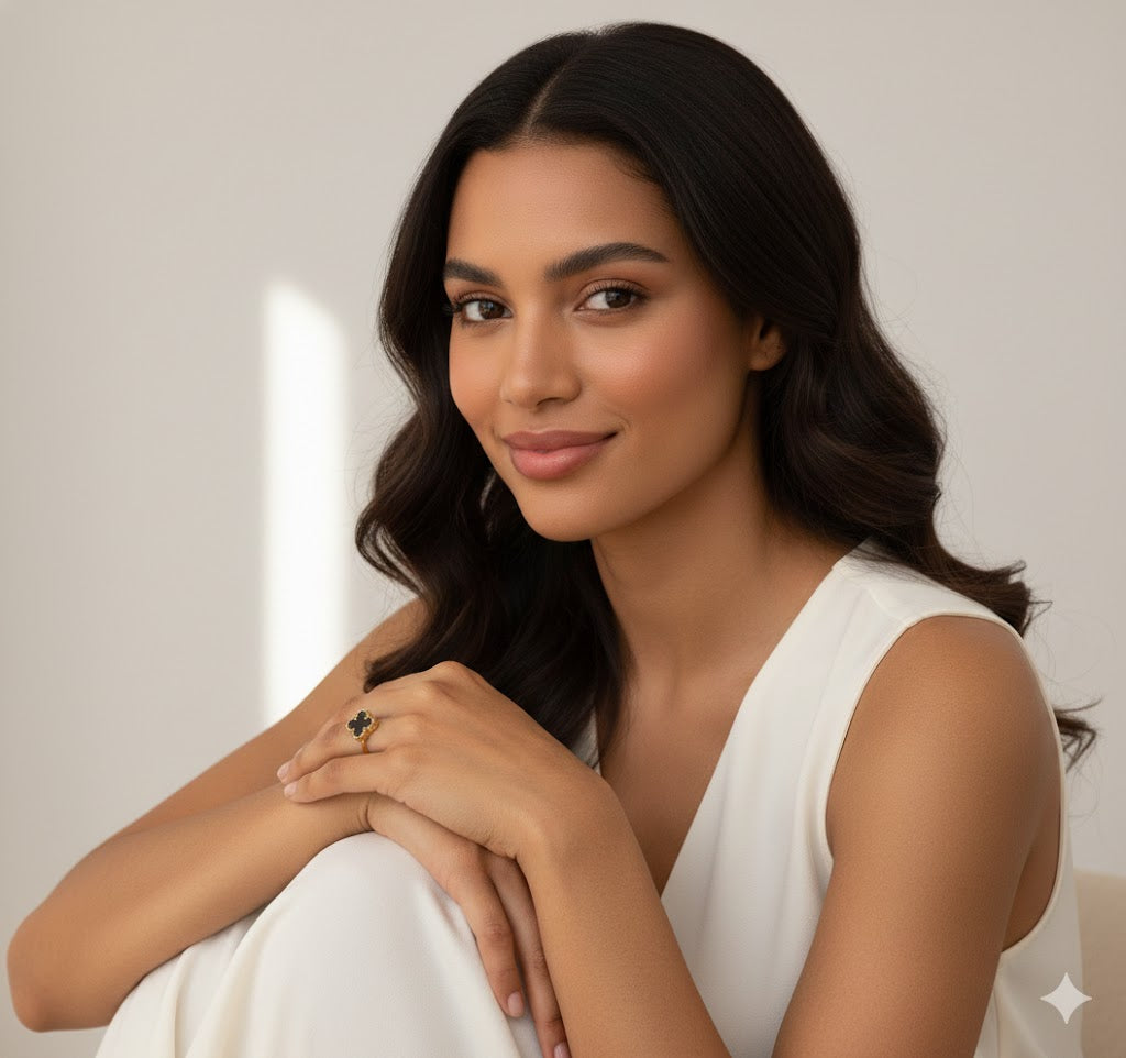 18k Gold Plated Black Clover Charm Ring