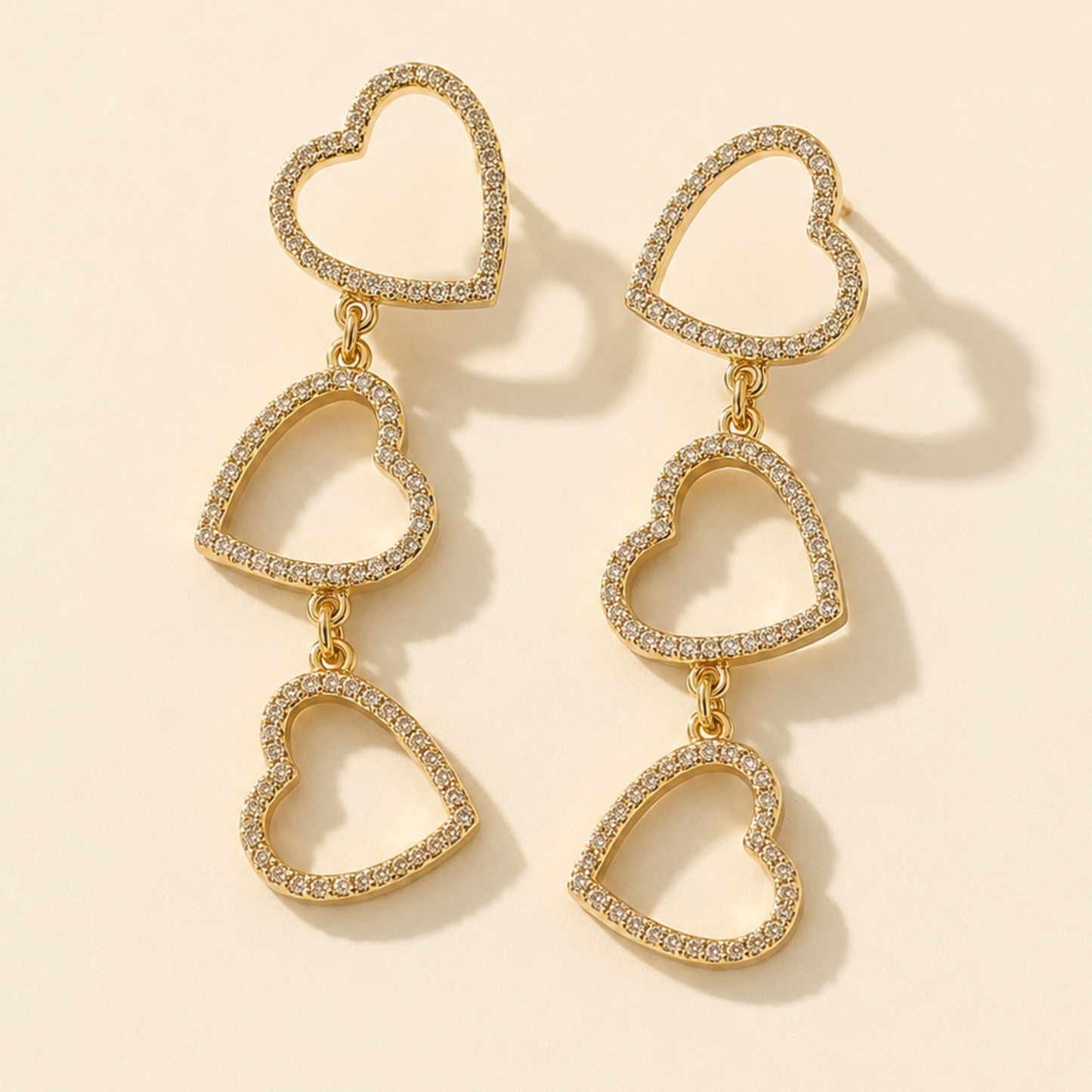 Triple Heart Rhinestone Pave Dangle Earrings